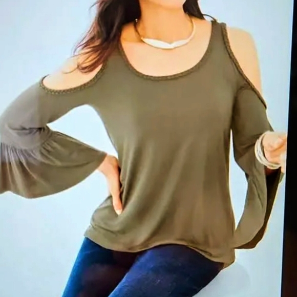 Chico's  Olive Green Cold Shoulder Blouse With Braided Detailing and Bell Sleeve - Picture 1 of 16